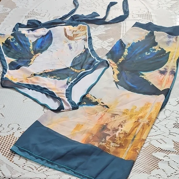 Blue and Gold Swim Set with Watercolor Design - Picture 2 of 8